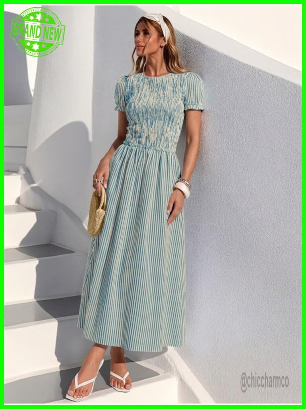 Women's Striped Smocked Midi Dress Puff Sleeve A-Line Boho - Picture 3 of 7
